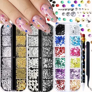 3 Boxes Colorful Flatback Rhinestones Set  Gold/Silver Beads, Pearls & Clear Gems Kit with Picker Pencil & Tweezers | Nail Art, Crafts & Face Makeup Decor