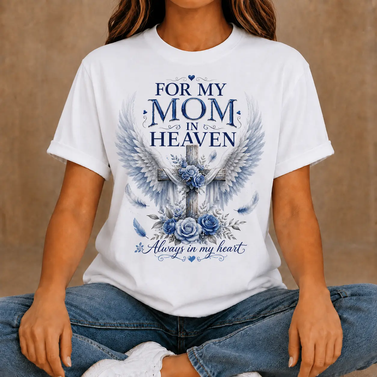 Plus Size Women's T-Shirt with 'For My Mom In Heaven' Graphic, Casual Short Sleeve Crew Neck Memorial Top with Angel Wings, Sympathy Gift, Women's Clothes, Gifts For Women, T Shirts Women