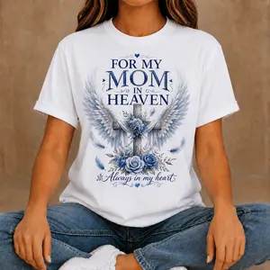 Plus Size Women’s For My Mom In Heaven Graphic Tee, Memorial Angel Wings Cross Floral Print Short Sleeve T-Shirt, Sympathy Gift Top