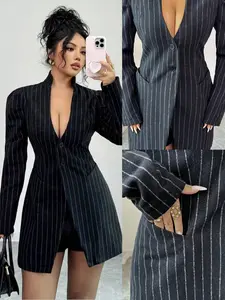 Edgy Baddie Black Pinstripe Waist-Cinched Wool Blazer (Fall/Winter) Y2K Retro Sweet-Spicy Black Pinstripe Stand-Collar Wool Blazer Minimalist Office Chic Black Pinstripe Waist-Cinched Wool Blazer