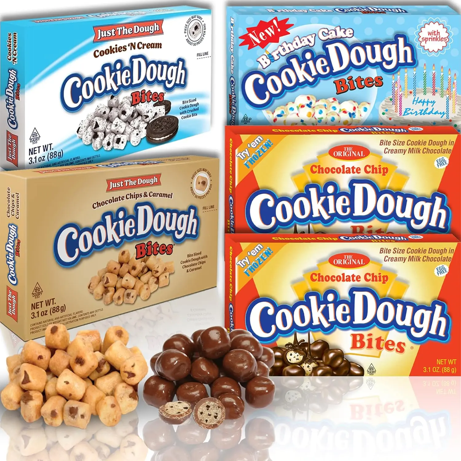 Bites Favorites Variety |   3.1 oz (5) |   Chocolate Chip, Birthday Cake, Caramel, Cookies N Cream, Just the |   Movie Theater Candy