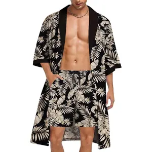 SWOMOG Men's Robe with Shorts Set Lightweight Kimono Bathrobe 2 Piece Open Front Cardigan Robes