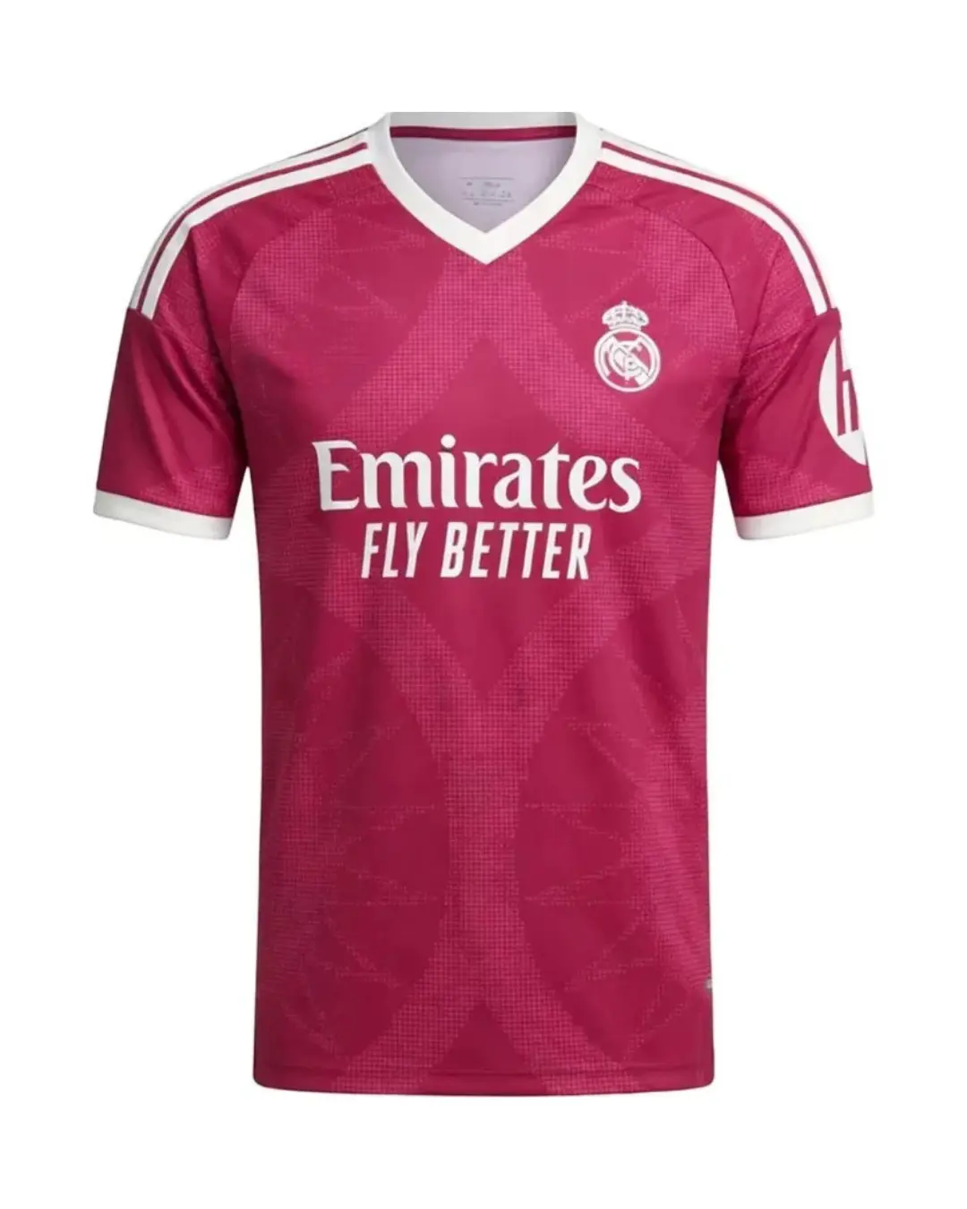Real Madrid Emirates Fly Better Soccer Jersey for Men - Pink with White Stripes and V-Neck Design
