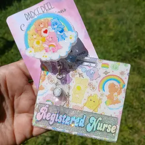 Rainbow Retro Cloud Bears Badge Reel Set with Match Badge Buddy for Registered Nurse - Adorable Design & Practical Use