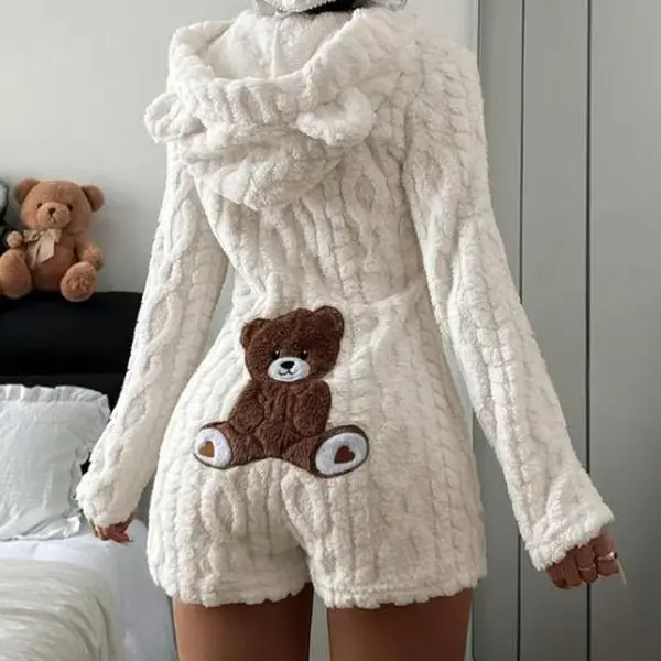 Women's Cute Teddy Bear Embroidered Hooded Fleece Sweatshirt, Comfortable Fashion Design, Perfect Gift for Her, Daily Wear. Outfit Mirror