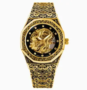 1pc Men'S Golden Steel Band Gorgeous Dragon Carved Fully Automatic Mechanical Watch
