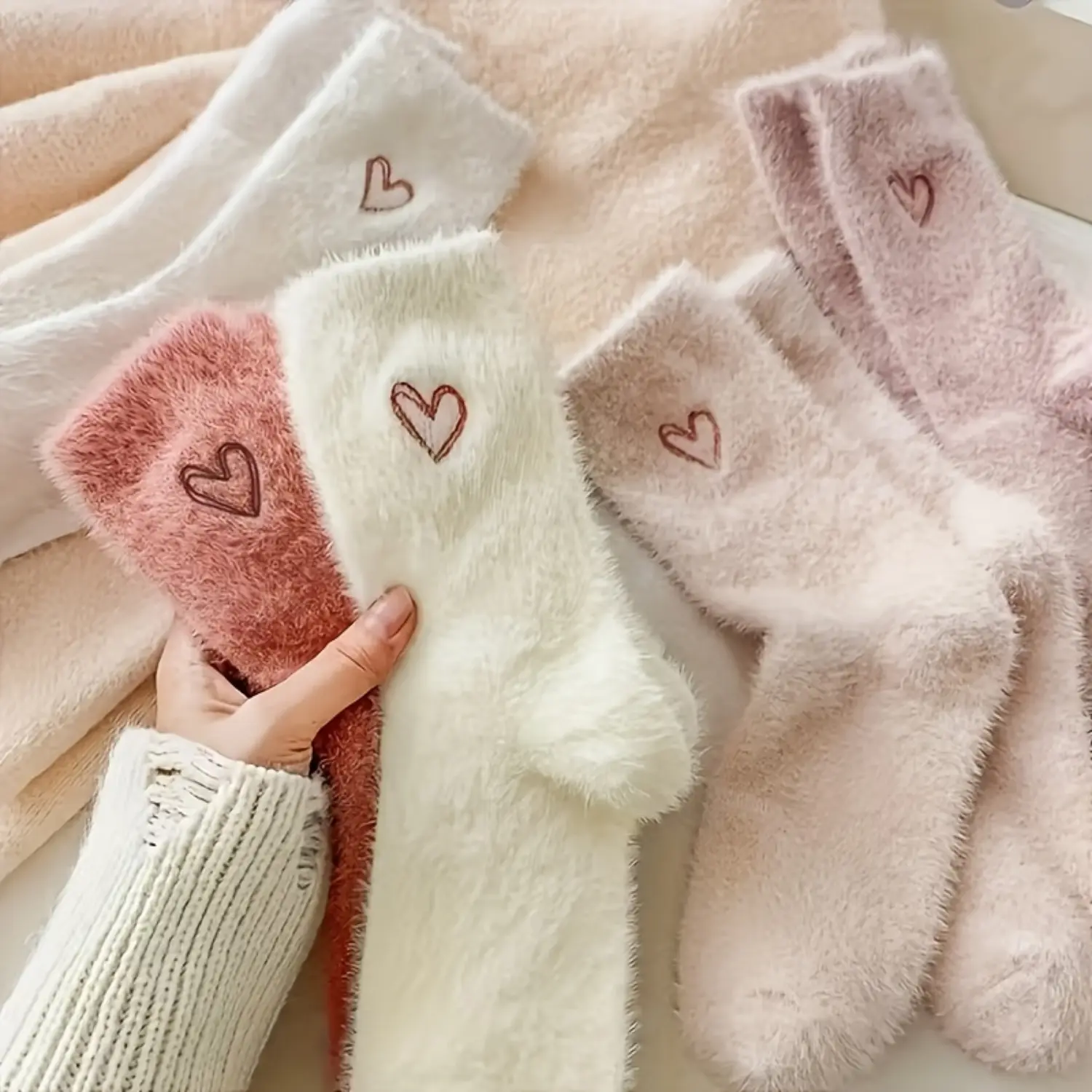 Women's Cozy Sock Set, 8-16 Pairs of Thick, Soft Winter Socks with Heart Embroidery for Lounging and Sleeping, Cozy Socks