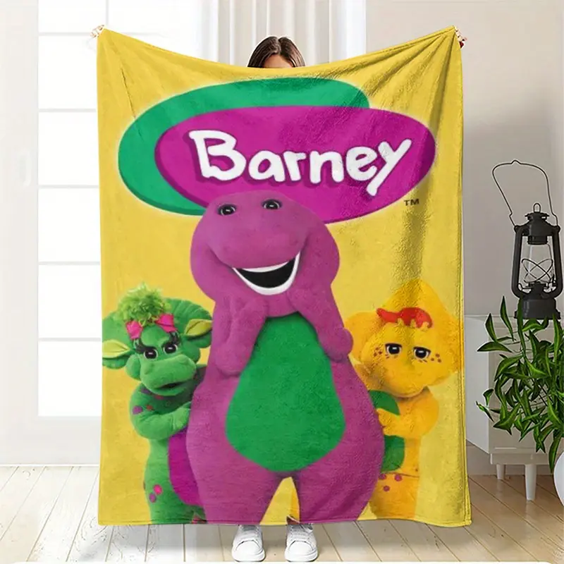 Cartoon Barney Poster Print Flannel Blanket - Soft, Warm, Cozy, Glam, Wrinkle-Resistant, Durable, Breathable Throw for Sofas, Bedrooms, Ideal Holiday & Birthday Gifts, Barney Blanket Soft
