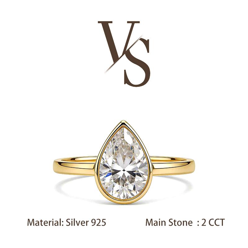 [Venus Jewelry] Synthetic Moissanite 2 CCT Pear Shape Bezel Design VVS 1 D Color Solid Silver 925 Solitare Ring