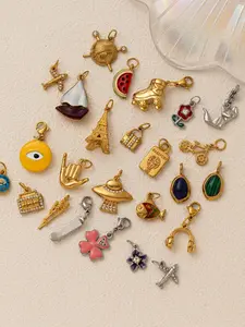 1PC stylish everyday versatile pendant, 3D gold, featuring designs like a sailboat, headphones, flowers, passport, watermelon, and airplane. Made of stainless steel plated with 18K gold, this DIY fashion accessory is suitable for keychains, bags