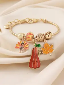 Women's Thanksgiving Pumpkin Turkey Leaf Beaded Copper Chain Bracelet, Casual Jewelry Gift for Women, All Season Wear