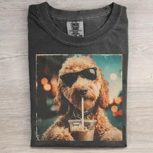 Funny Goldendoodle Drinking Iced Coffee T-shirt, Vintage 90s Dog Meme Graphic Tee, Animal Lover Shirt, Unisex Fit Design, Gift for Men and Women