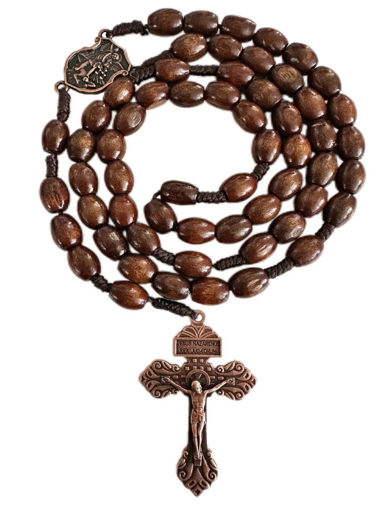 Saint Michael Archangel Necklace, Easter Gift, Pocket Rosary with Handmade Wooden Beads, Catholic Rosaries, Christian Prayer Cross for Men, Faith Necklace