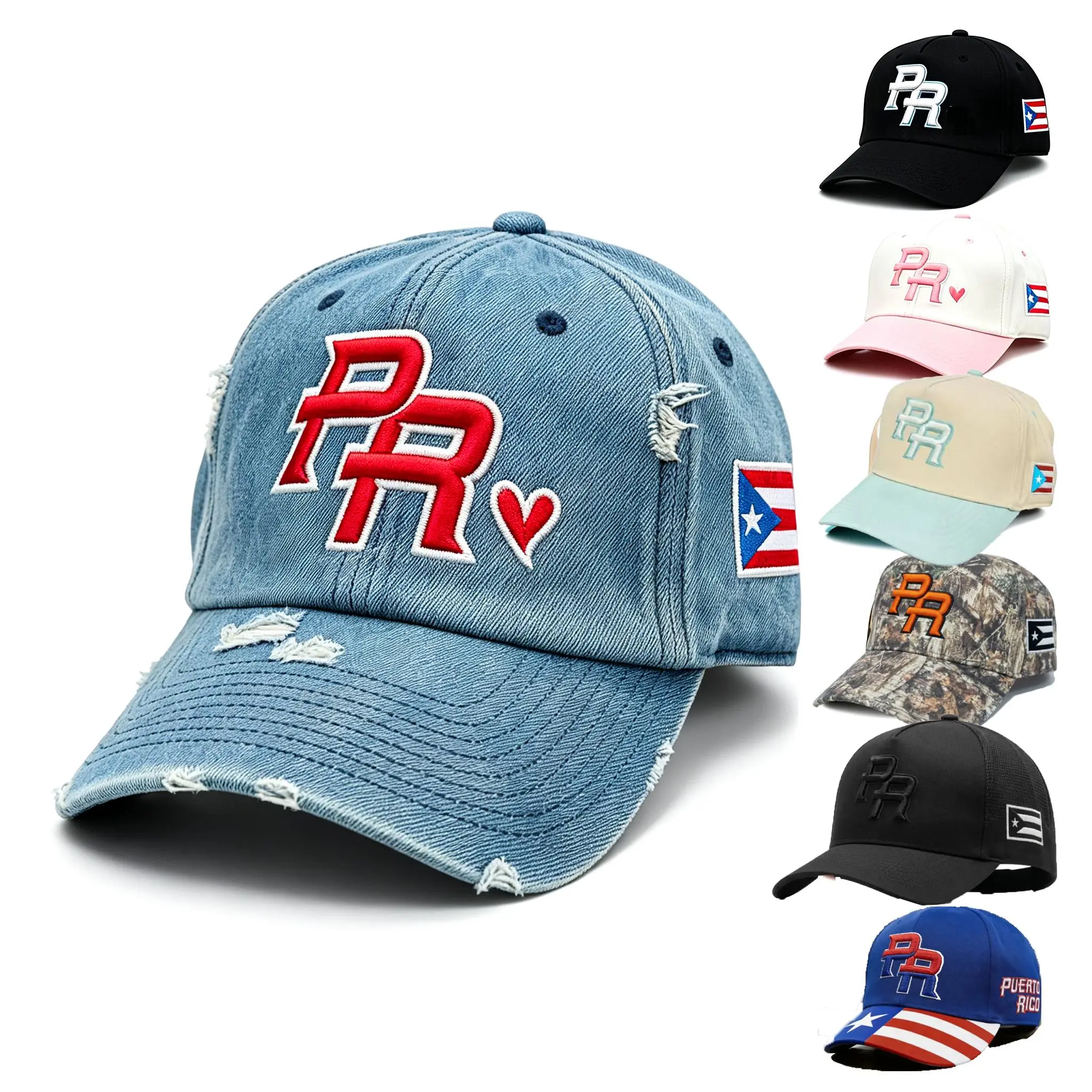 PR Heart Baseball Cap with Puerto Rican Flag Patch and Distressed Design