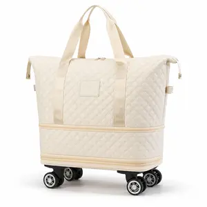 Travel Bag with Wheels, Rolling Duffle Bag with Detachable Wheels, 25L-55L Expandable Foldable Carry On Bag with Wheels, Wet Dry Weekender Overnight Duffel Bag for Women