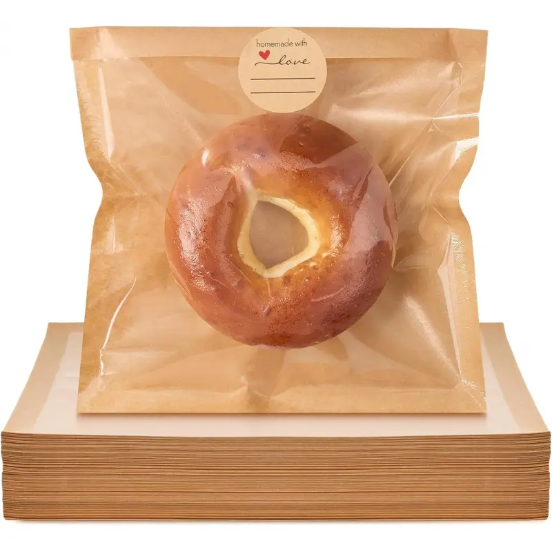 200 Pack Heat Sealable Bakery Bags with Window, Kraft Paper Grease Resistant Bagel Bags To Go Bags for Packaging Cookie, Donut, Pastries and other Treats (7.1 x 7.5 Inch)