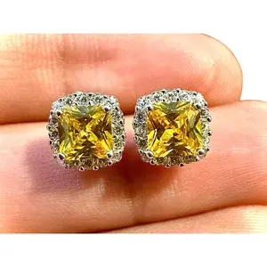 Cushion Cut 9.9mm Citrine and White Topaz Halo 925 Sterling Silver Stud Earrings
