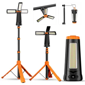2025 New Solar Energy Rechargeable Camping Light with Stand 7ft Max Height 15000mAh Portable Cordless LED Work Light 5500 Lumen 6500/4500/3500K Dimmable Emergency Flashlight Detachable Tripod Head Lamp
