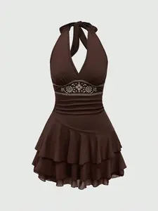 AREUM Hippie Sun Totem Embroidered Spaghetti Strap Layered Hem Short Dress For Women