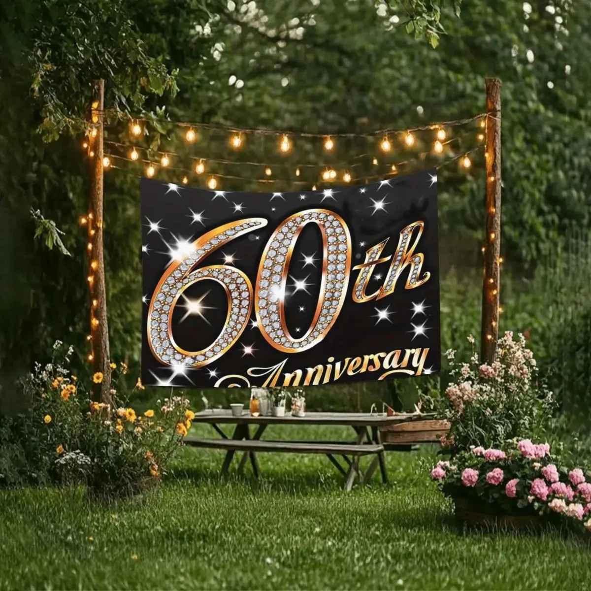 Classic Style 60th Anniversary Polyester Backdrop Banner - Hangable, Mountable, Durable, Stain-Resistant, Modern, Indoor-Outdoor Use, 59x82.7in/70.8x90.6in White Decor for Birthday, Party Events (150cmx210cm Equivalent)