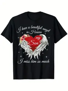 In Heaven Angel Son Memorial T-Shirt - 180G 100% Heavyweight Crewneck Tee for Bereaved Parents - Heaven Angel Design with Red Heart And Wings
