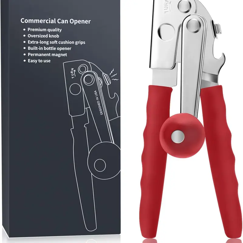 Heavy-Duty Commercial Manual Can Opener, Stainless Steel Hand-Crank Model with Ergonomic Easy-Turn Crank, Soft Rubber-Coated Long Handles, Oversized Knob, Magnetic Tip & Bottle Opener for Seniors, Home Kitchen, Outdoor Use