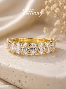 Effinny 14K Gold Plated Women's Tarnish-resistant Oval Cut Half Eternity Wedding Band - 5A CZ Stackable Wedding Anniversary Ring for Female Adults