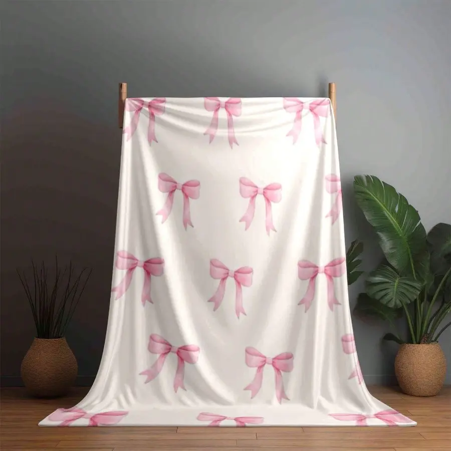 Multicolor Microfibre Bowknot Print Flannel Blanket - Soft Vintage Blush Pink Bows & White Design, Breathable, Durable, Fade-Resistant All-Season Bedding Throw, Ideal Christmas Gift (Note: Do Not Iron Directly)