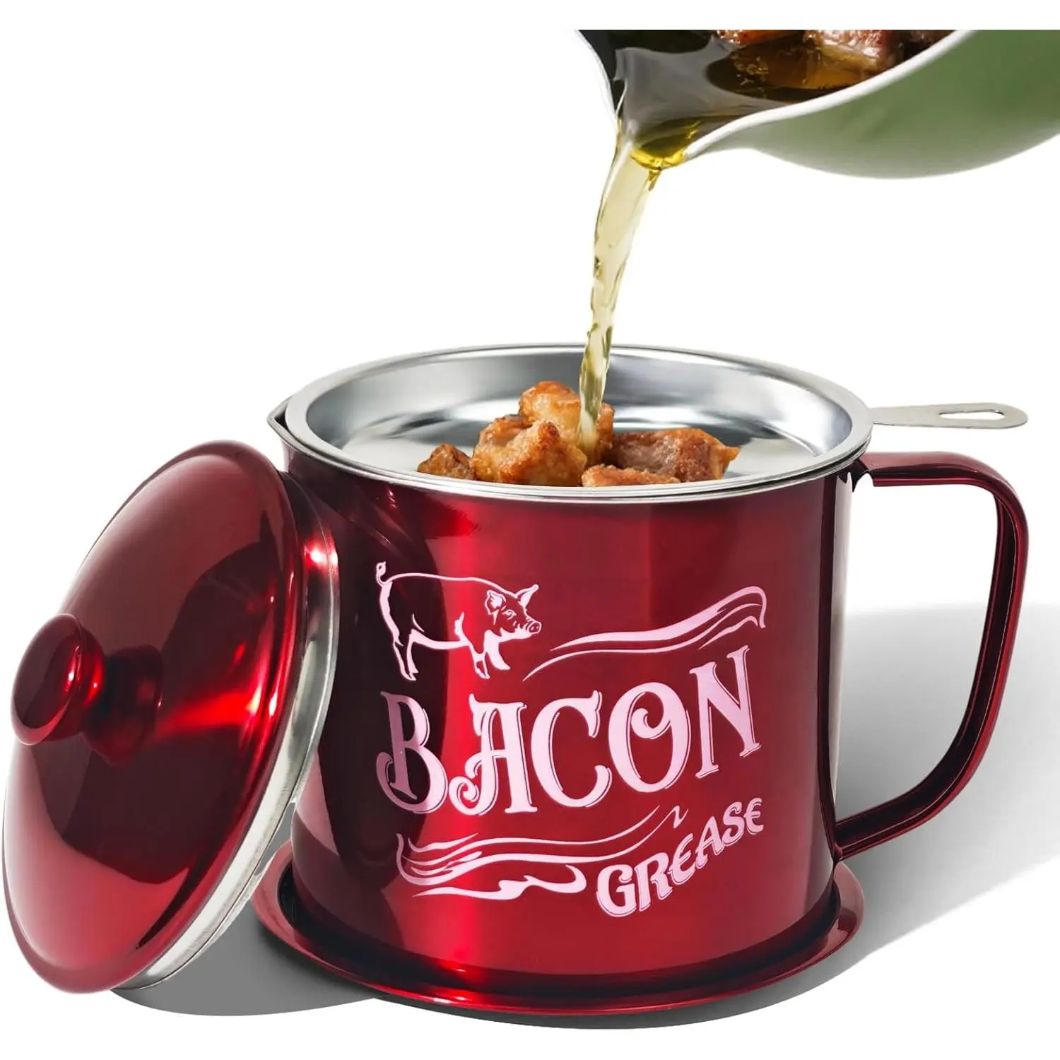1.3L Bacon  Saver Container with Fine Mesh Strainer,Stainless Steel Oil Keeper Can for Bacon,46oz Large Rustic Farmhouse  Container, Keeper, Recipes, Dishwasher Safe (Red)