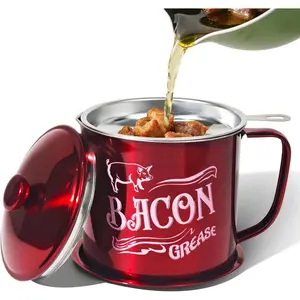 1.3L Bacon  Saver Container with Fine Mesh Strainer,Stainless Steel Oil Keeper Can for Bacon,46oz Large Rustic Farmhouse  Container, Keeper, Recipes, Dishwasher Safe (Red)