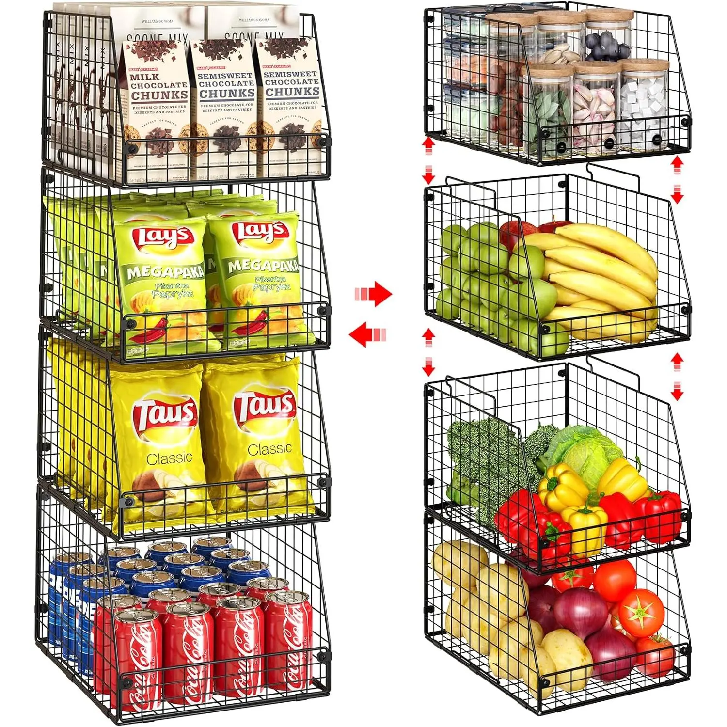 4-Pack XXL Stackable Metal Wire Storage Baskets, Extra Large Capacity Food Storage Room Organizer and Cabinet, Multi-Purpose Fruit and Vegetable Baskets, Toy Bins and Snack Storage Boxes