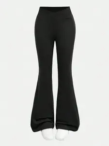 Girls' Knitted Solid Color Elastic Bell Bottoms, Fashionable Simple Design, Casual Daily Wear, All Seasons