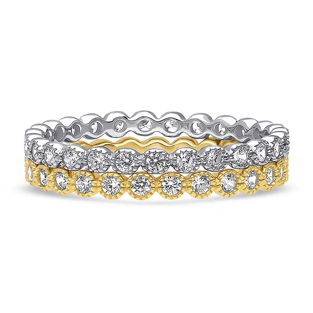 BERRICLE Yellow Gold Flashed Sterling Silver Bubble Milgrain Rings Stackable Eternity Band Ring Set for Women, Milgrain Bezel Set Round Cut Cubic Zirconia CZ
