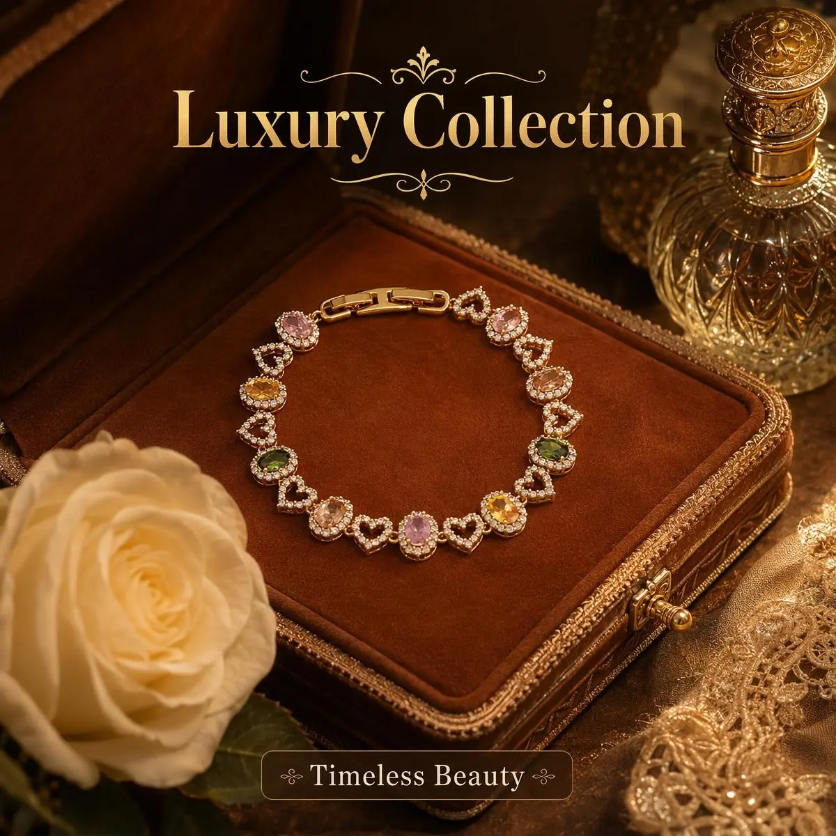 16K Gold Plated Copper Colorful Multi Stone Zircon Bracelet for Women, Adjustable 18.5cm + 3cm Detachable Extension Chain, Vintage Dainty Gemstone Tennis Bracelet Elegant Romantic Fine Jewelry Gift For Her