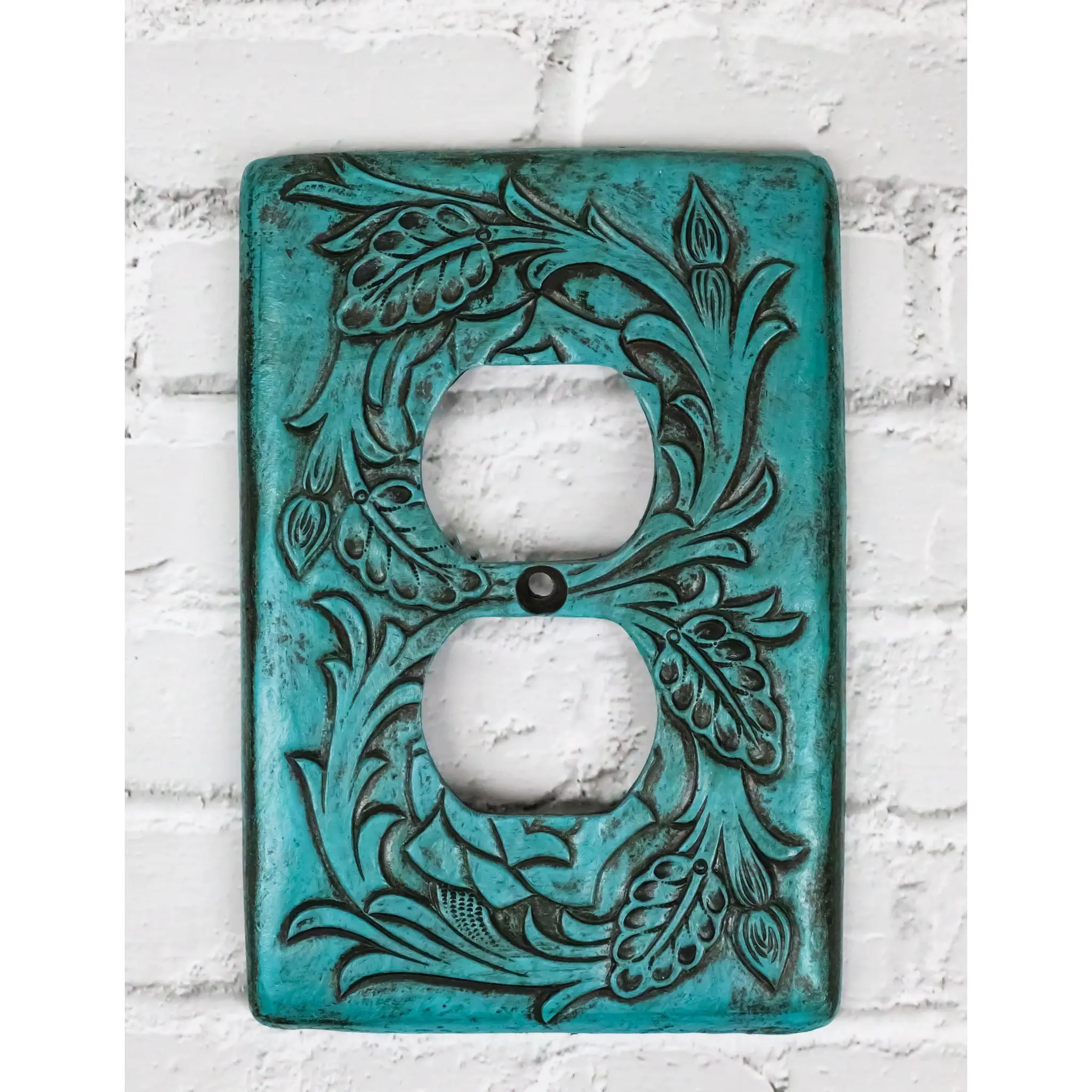 2-Piece Western Tooled Floral Blossoms Turquoise Wall Double Receptacle Cover Plates with Screws