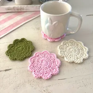 Crochet Floral Coasters Cute Handmade Coasters in Green Pink and White for Home Decor