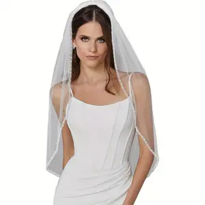 Mopmap 1-Tier Bridal Wedding Veil - Elegant Fingertip Length with Beaded Edge, Soft Flowing Bridal Veil for Wedding, Prom, Formal Events - Durable & Easy-Care Polyester Bridal Accessory, Wedding Dresses for Bride, Prom Attire, Sophisticated
