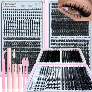 Queenice Lash Clusters Kit, Eyelash Extensions Set, 80D 100D 120D Spikes, D Curvature, Lash Bond, Tweezers, Brush, DIY at Home