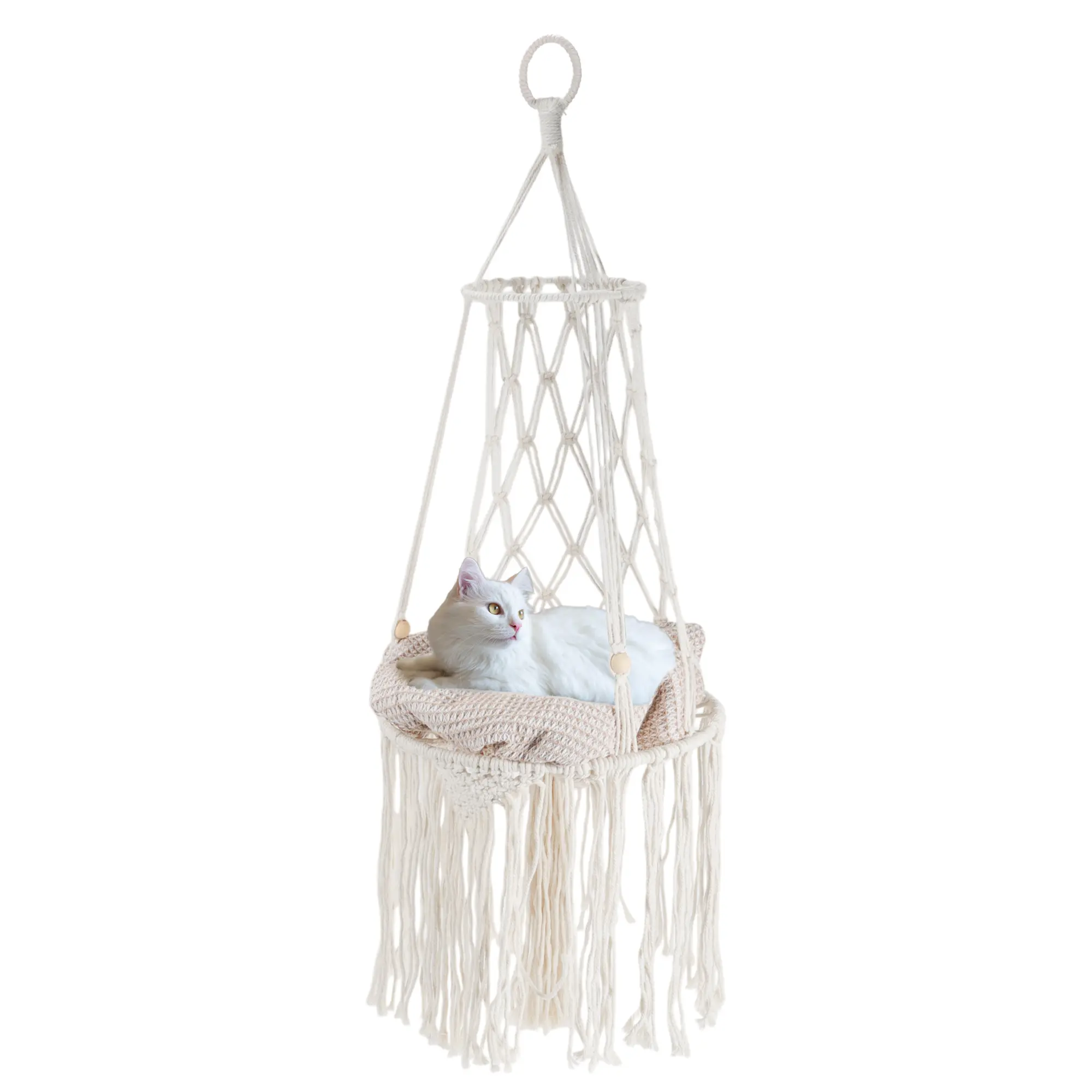 VOCOSTE Handwoven Cotton Thread Pet Hammock - Wall Mount Hanging Bed with Fringe Decor, Comfortable Rest Perch, 42.5"Lx11.8"W White Swing (No Cushion)