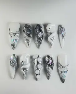 Monochrome 3D Chrome Press On Nails | White & Silver Nail Art with Iridescent Shards, Pearls & Snake Accents | Avant-Garde Futuristic Design