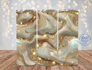 R&M Creations Opal And Gold Glitter 20oz Tumbler Marble Skinny Tumbler With Straw Elegant Drinkware Collection