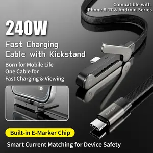 240W Ultra-High-Speed Two-in-One Charging Cable with Invisible Bracket Integrated Data Line, Mobile Phone Stand Fast Charging Cable, Compatible with iPhone/Samsung/Type-C, Black Color