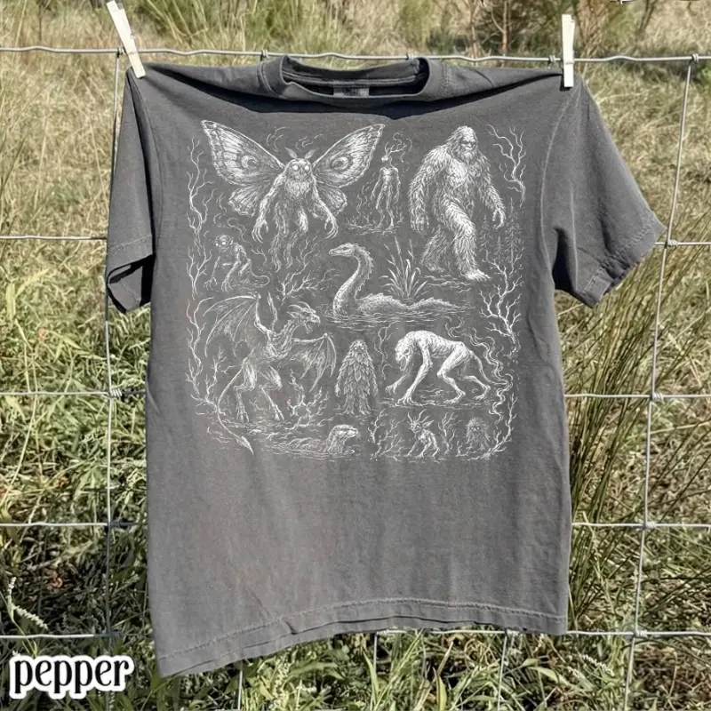 Comfort Colors Vintage Cryptid Creatures Shirt, Mothman Bigfoot Nessie Graphic Tee, Cottagecore Dark Academia T-Shirt, Folklore Gift, Women's T-shirt, Graphic Tee