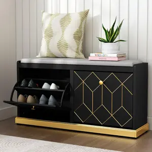 Modern Shoe Bench with Storage, Entryway Bench with 2 Flip Drawer & Padded Cushion Seat, Shoes Storage Bench for Hallway, Closet, Living Room, Black Shoe Storage Cabinet with BenchLight luxury shoe cabinet
