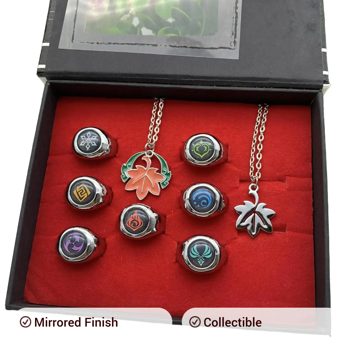 Game-Themed Alloy Ring Set with Vibrant Colors, 9-Piece Costume Jewelry for Women, Includes 7 Enamel Rings and 2 Pendant Necklaces, High Precision Polishing, Elemental Symbols, Fashion Costume, Seven Rings+2 Pendants