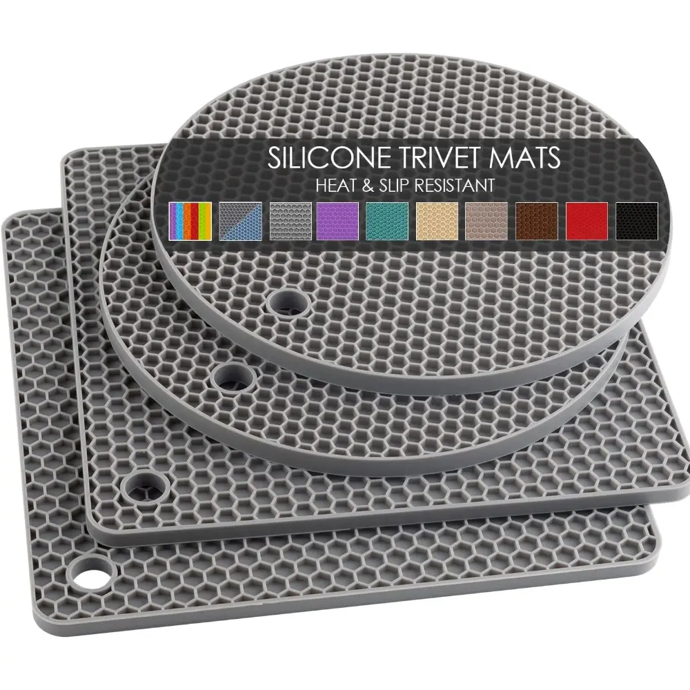 Gray Insulated Silicone Trivet Mats 4-Pack - Round/Square Kitchen Placemats & Coasters, Honeycomb-Designed Heat-Resistant Pot Holders, Coffee Station Counter Mats, Spoon Rest, Dish Protectors