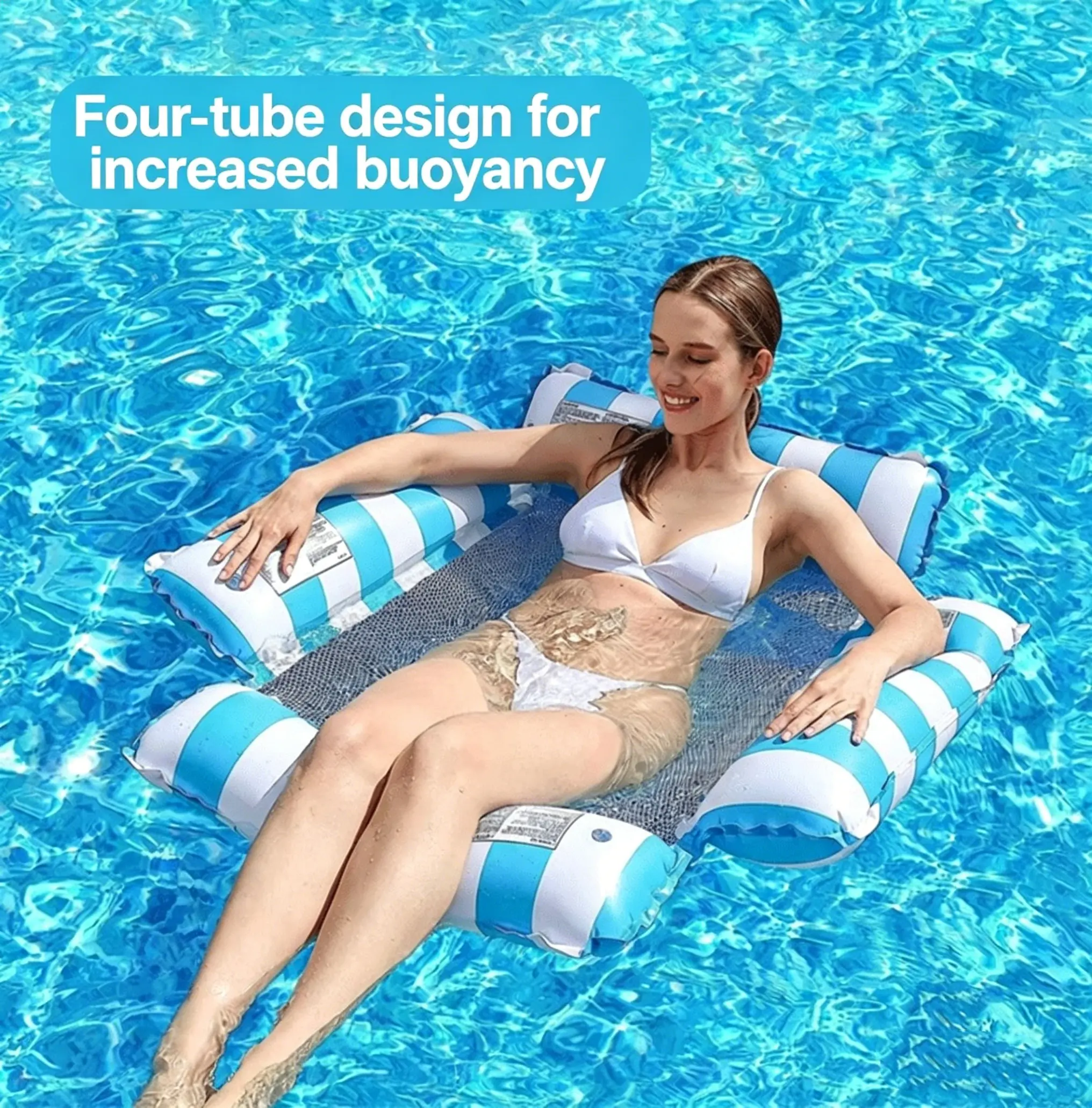 Inflatable Water Floating Lounge Chair with Free Hand Air Pump, Four Tubes Swimming Pool Float Hammock, Portable Foldable Water Bed for Beach Lake Pool Relax