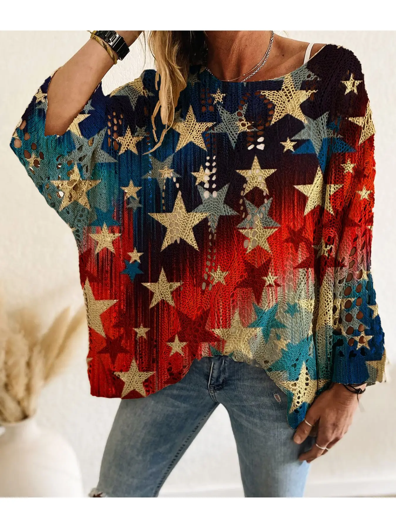 Spring & Summer off-shoulder diamond cutout batwing drop-shoulder loose Baggy knit top Knitwear. Contrast splicing star print, long sleeve, vacation & casual commute style. Cover-up for vests and bikinis.