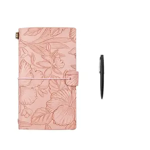 Vintage Faux Leather Cover Notebook with Pen, 1 Count Floral Pattern Notebook, Portable Notebook for Business Trip Office School, Office Stationery Supplies
