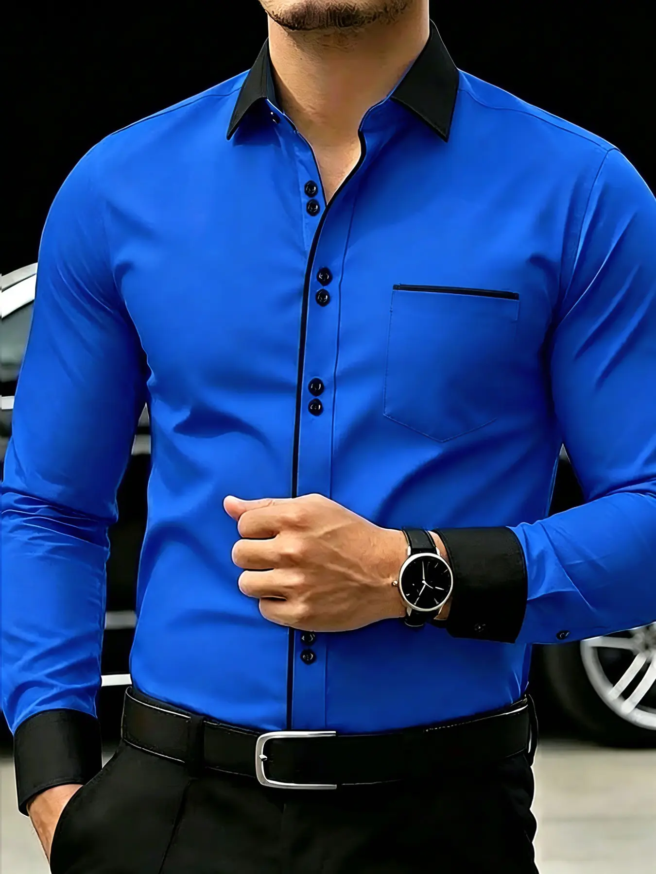 Men's Business Button Front Shirt Csc2665 Blue, Classic Office Party Wear, Long Sleeve Fitted Collared, Waterproof Fabric, Customizable, Durable Structure